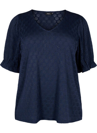 Zizzi Bluse med V-hals og hullmønster, Navy Blazer, Packshot image number 0