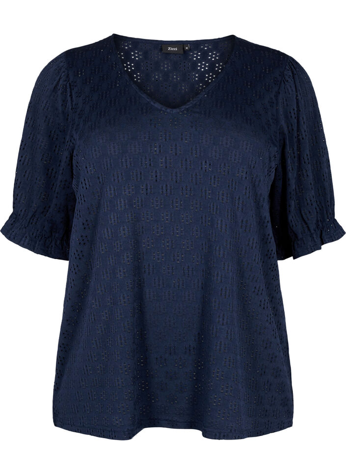 Bluse med V-hals og hullmønster, Navy Blazer, Packshot image number 0