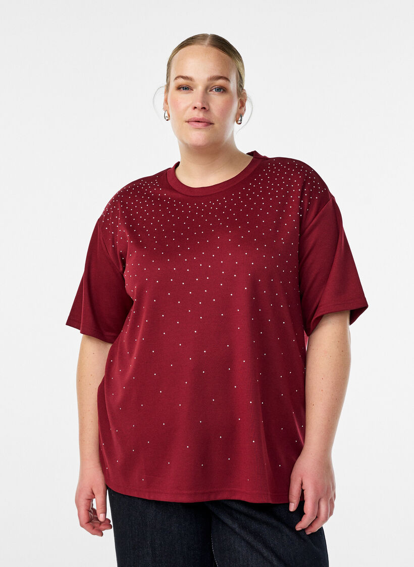 T-skjorte med rhinesteiner og rund hals, M&oslash;rk Bordeaux, Model image number 0