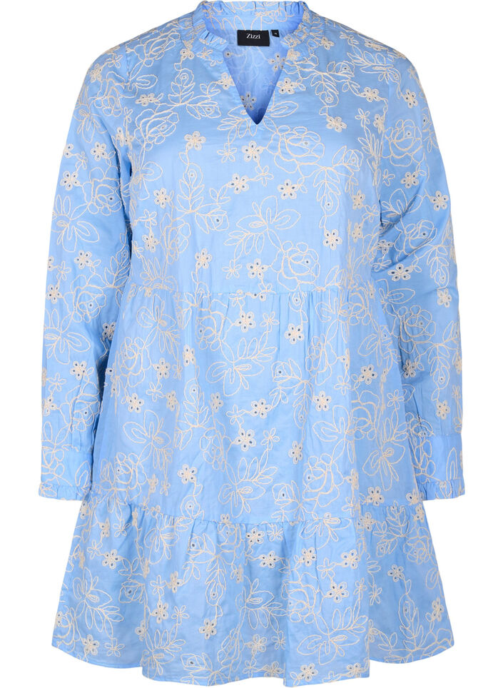 Kjole med broderte blomster og lange ermer, Della Robbia Blue, Packshot