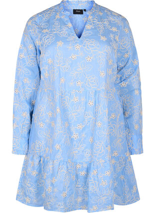 Zizzi Kjole med broderte blomster og lange ermer, Della Robbia Blue, Packshot image number 0