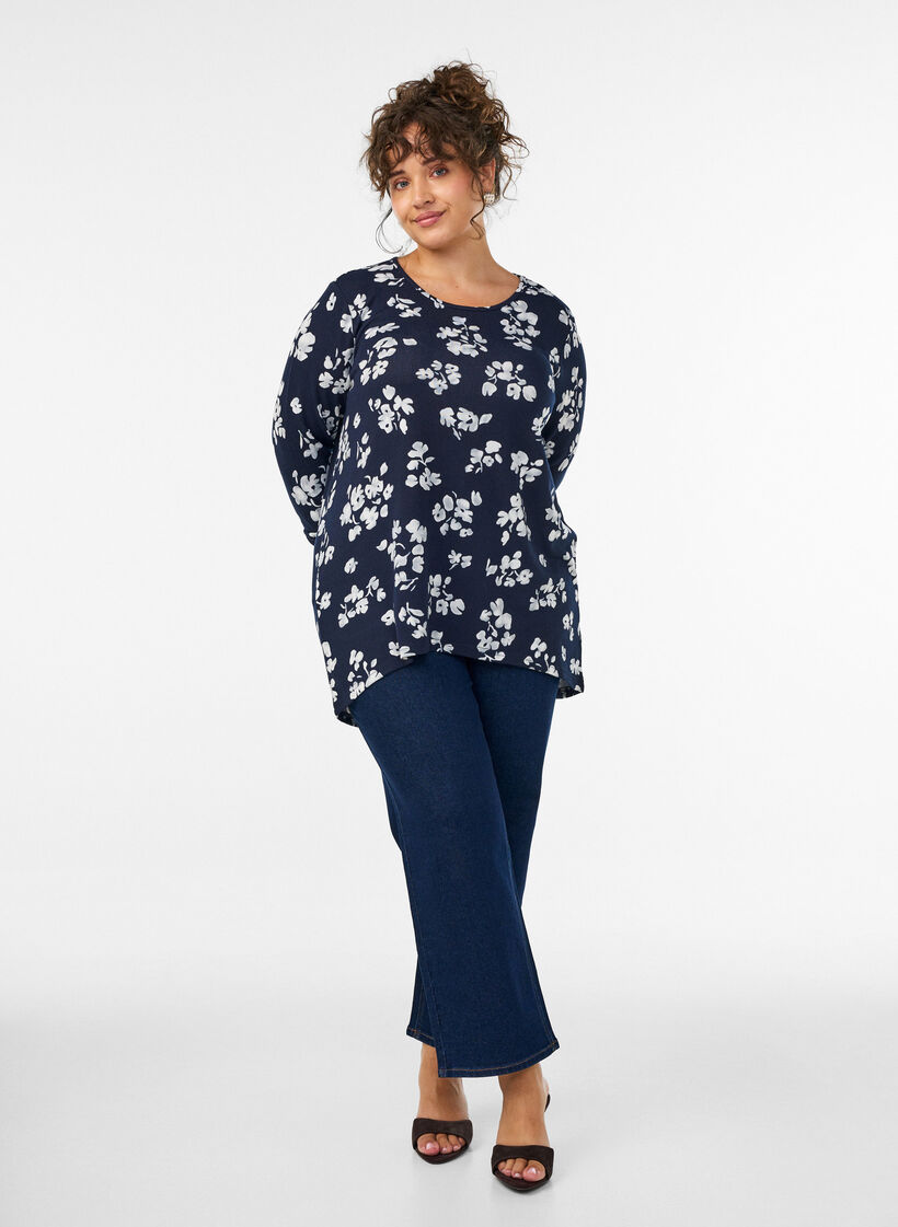 Blomstret bluse med lange ermer, Bl&aring;, Model image number 1