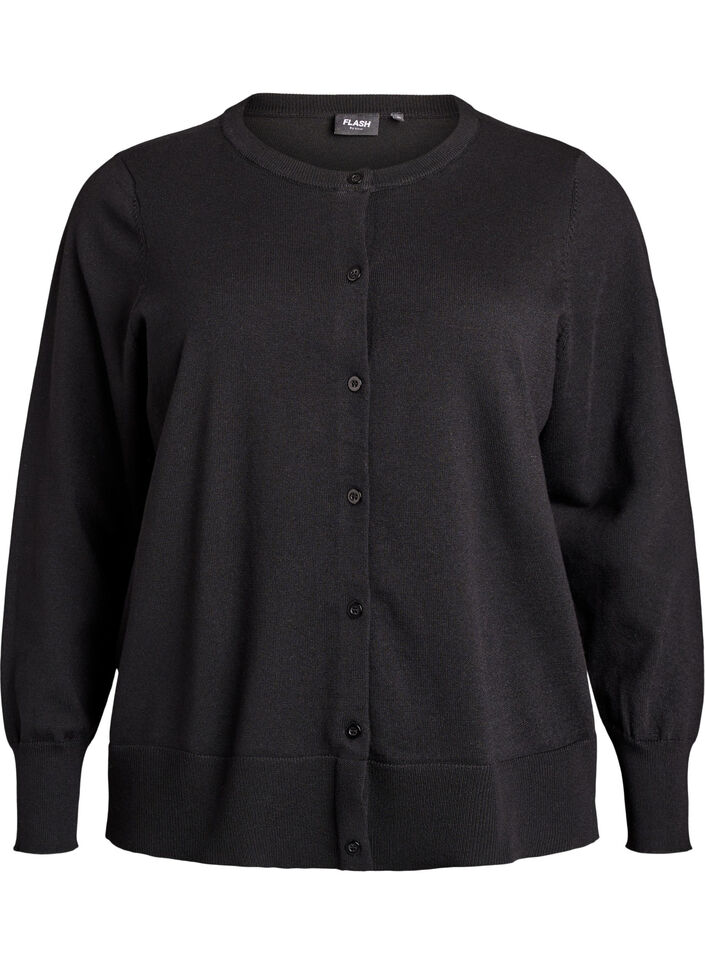 Finstrikket cardigan med rund hals, Svart, Packshot image number 0