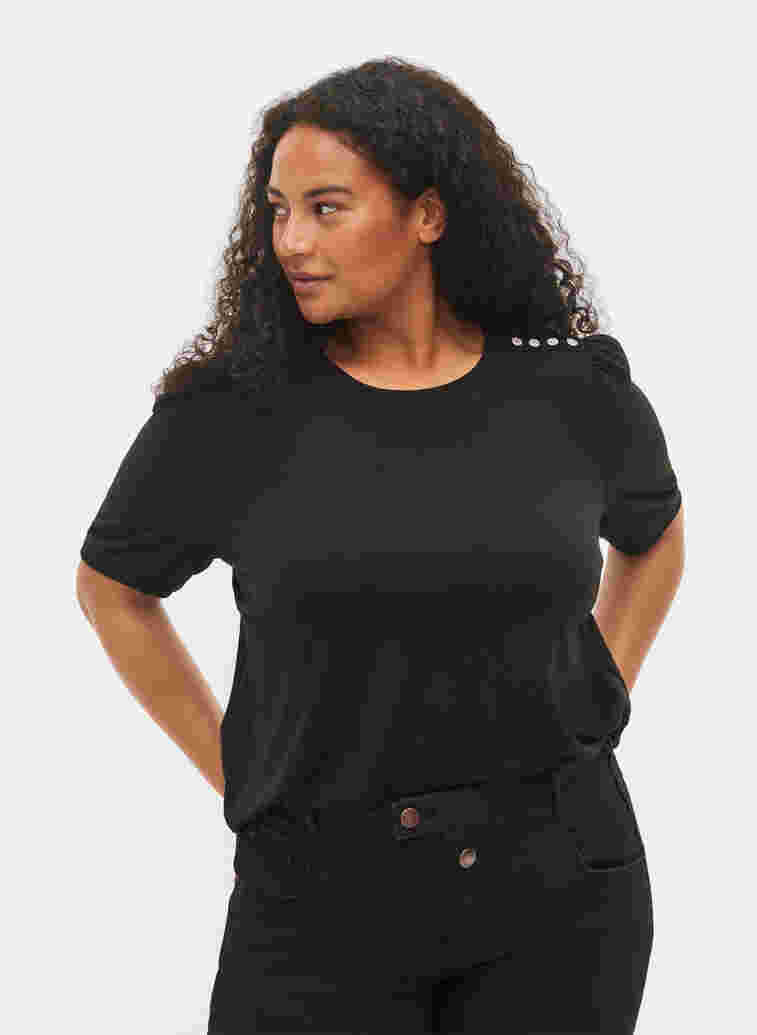 Bluse med korte puffermer, Black, Model image number 0