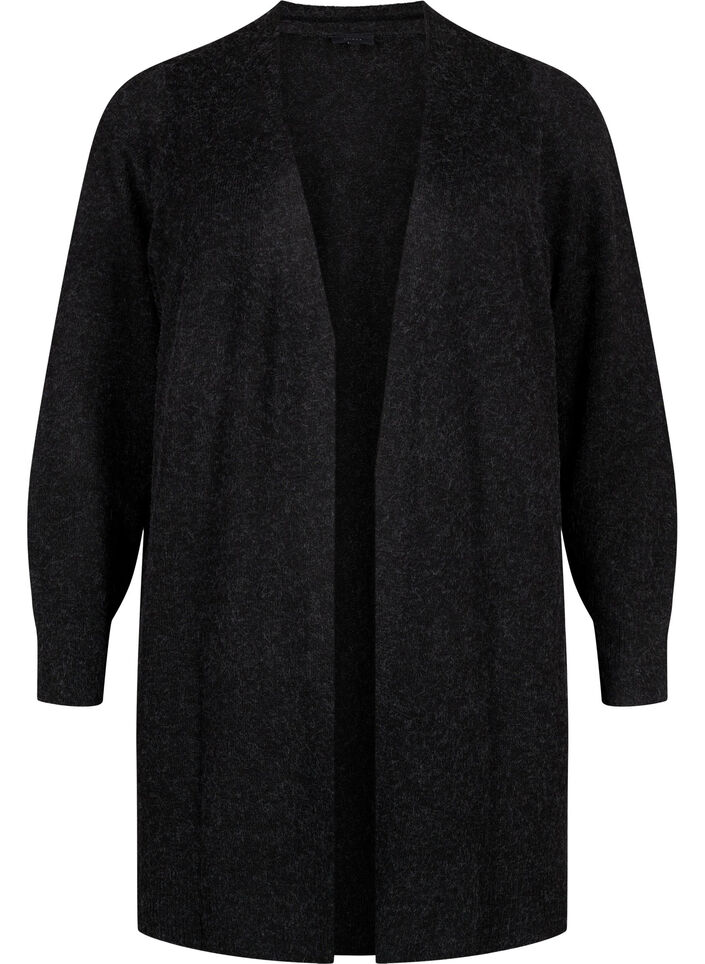 Lang cardigan med åpen front, Dark Grey Melange, Packshot image number 0