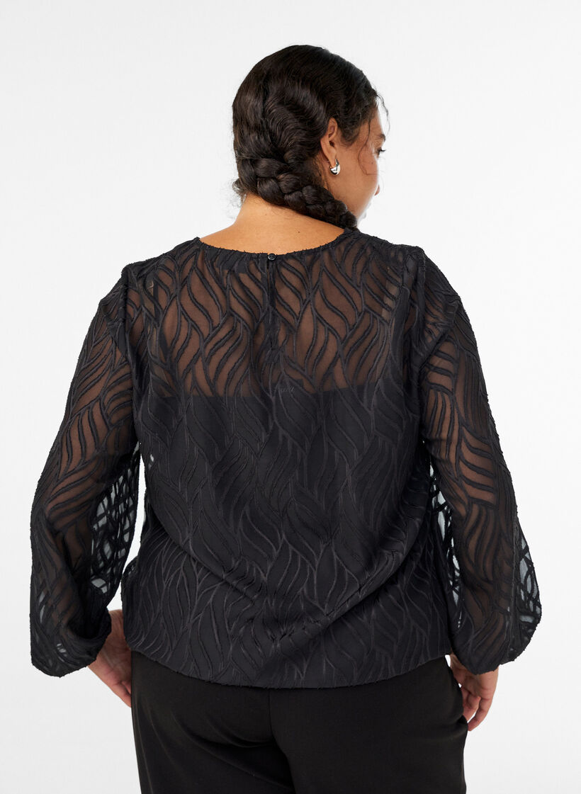 Bluse i chiffon med et teksturert m&oslash;nster, Svart, Model image number 2