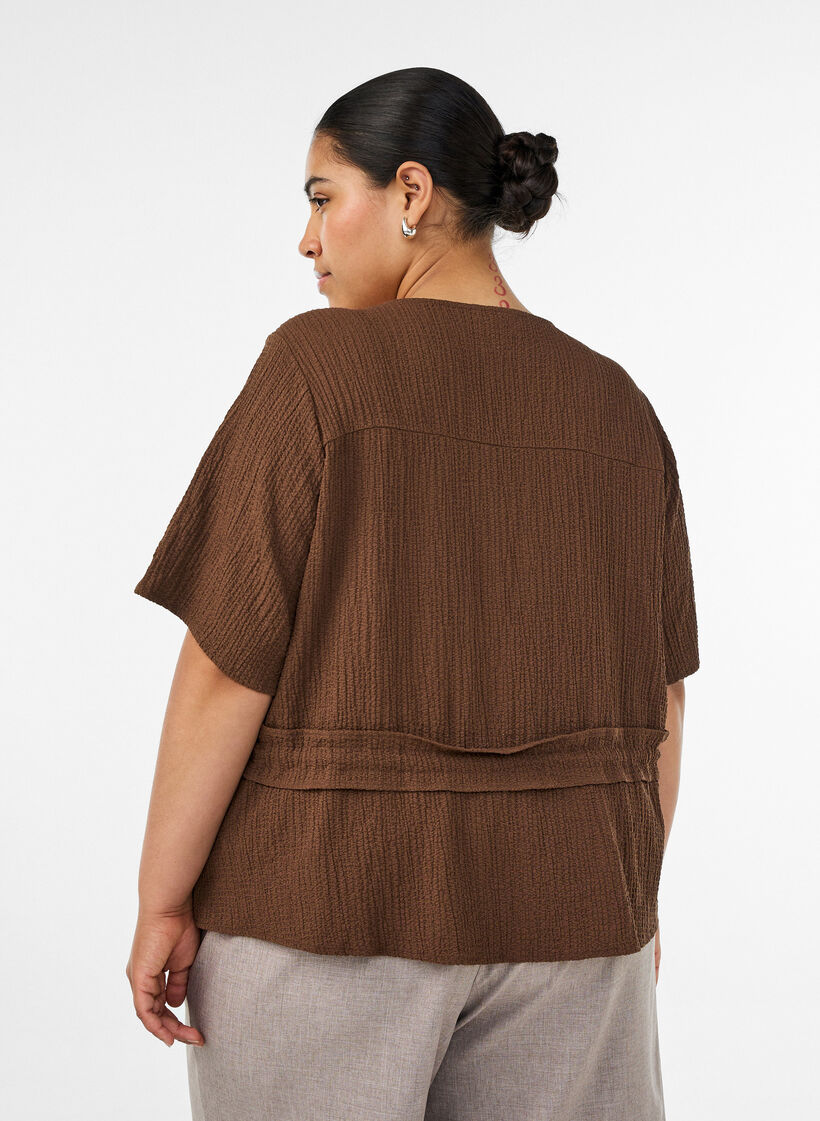 Bluse med tekstur og knytebelte, Brun, Model image number 2
