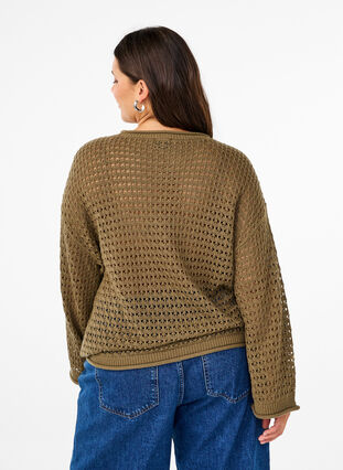Zizzi Strikkebluse med hullmønster, Dusky Green, Model image number 1