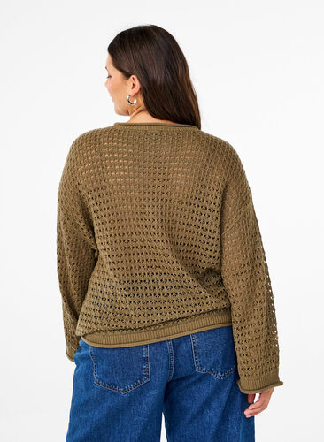 Zizzi Strikkebluse med hullmønster, Dusky Green, Model image number 1