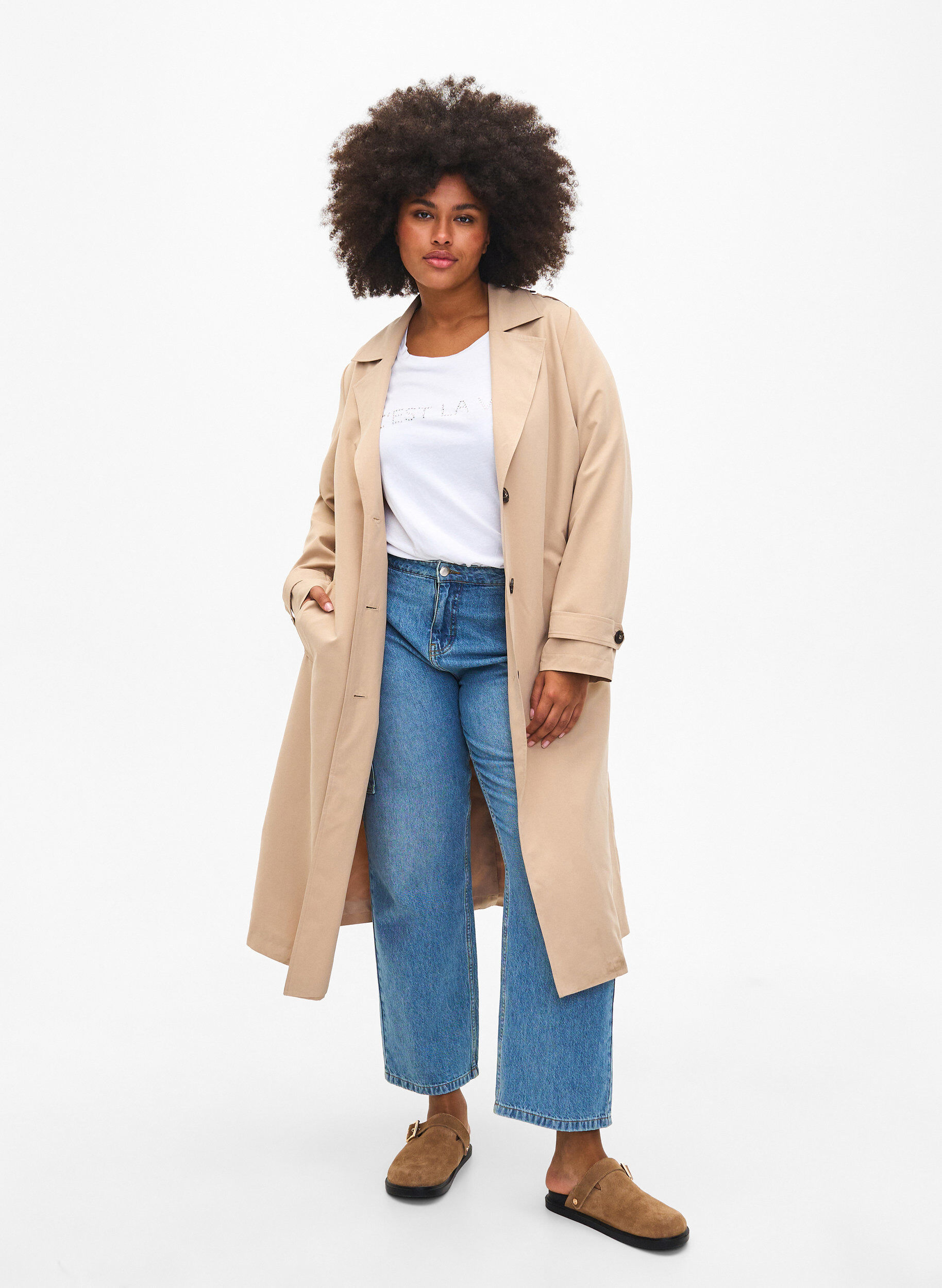 Zizzi Lang trenchcoat med belte, Nomad, Model image number 0