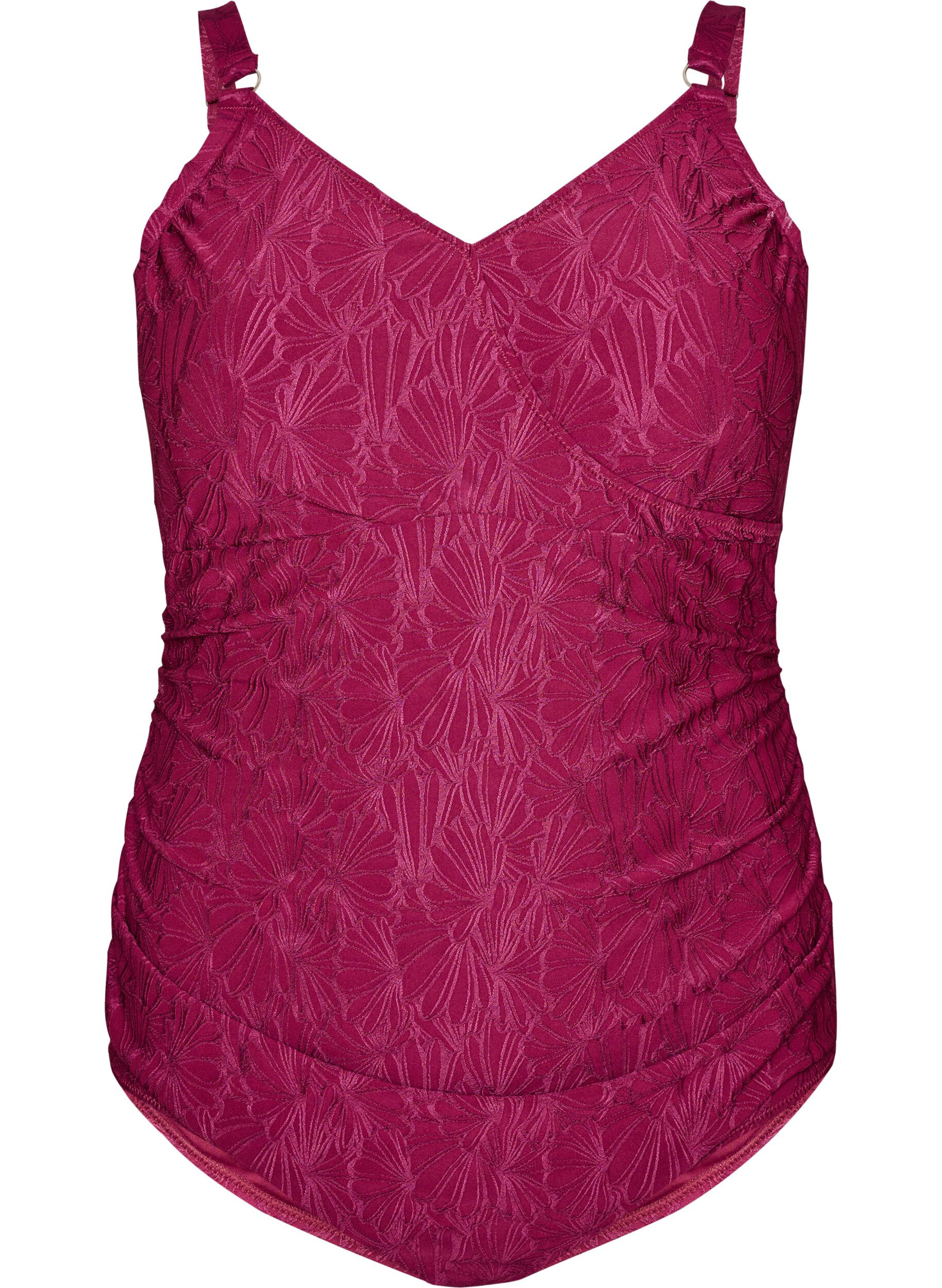 Zizzi Badedrakt med omslagsdetaljer og ton-i-ton blomstret tekstur, R&oslash;d, Packshot image number 0