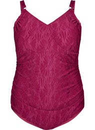 Badedrakt med omslagsdetaljer og ton-i-ton blomstret tekstur, R&oslash;d