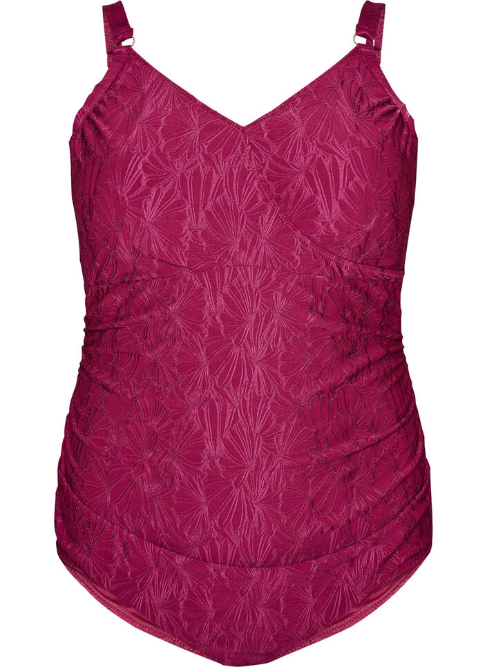 Badedrakt med omslagsdetaljer og ton-i-ton blomstret tekstur, R&oslash;d, Packshot image number 0