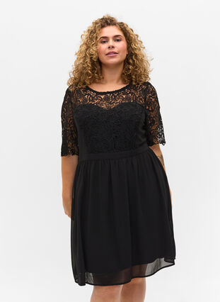 Kortermet kjole med blondetopp, Black, Model image number 0