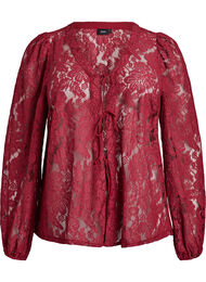 Bluse med blonder, åpen front og knytestrenger, Mørk Bordeaux