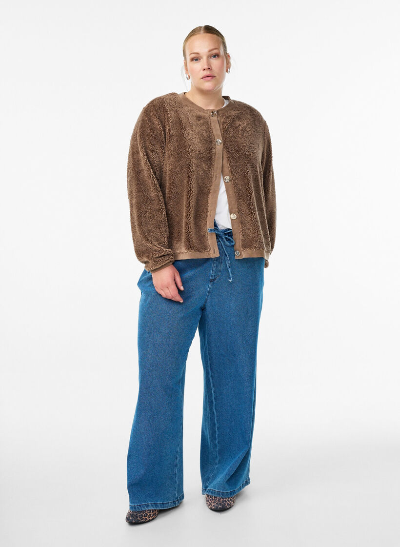 Teddy cardigan med pyntede knapper, Brun, Model image number 1