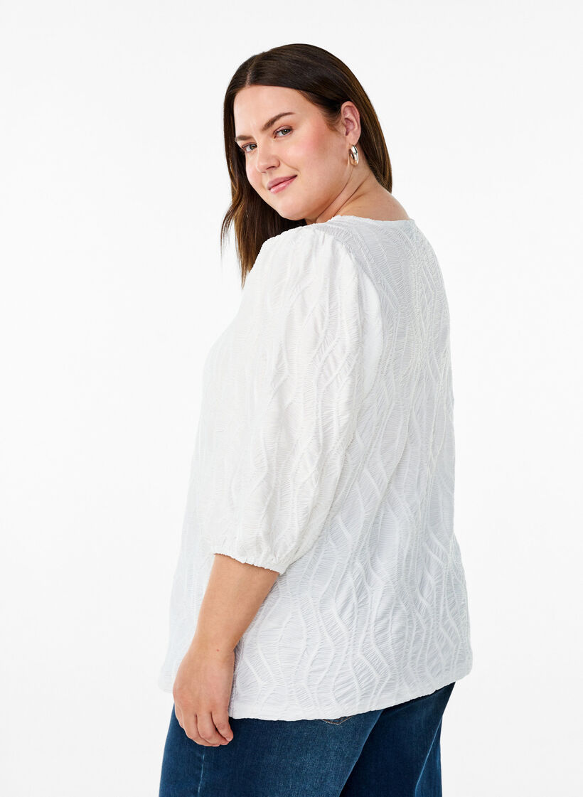 Bluse med tekstur og 3/4-ermer, Hvit, Model image number 2