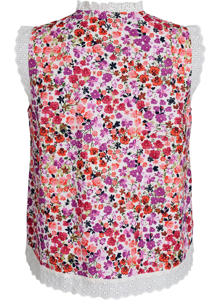Ermel&oslash;s bomullsbluse med blomstertrykk og broderie anglaise, Rosa, Packshot image number 1