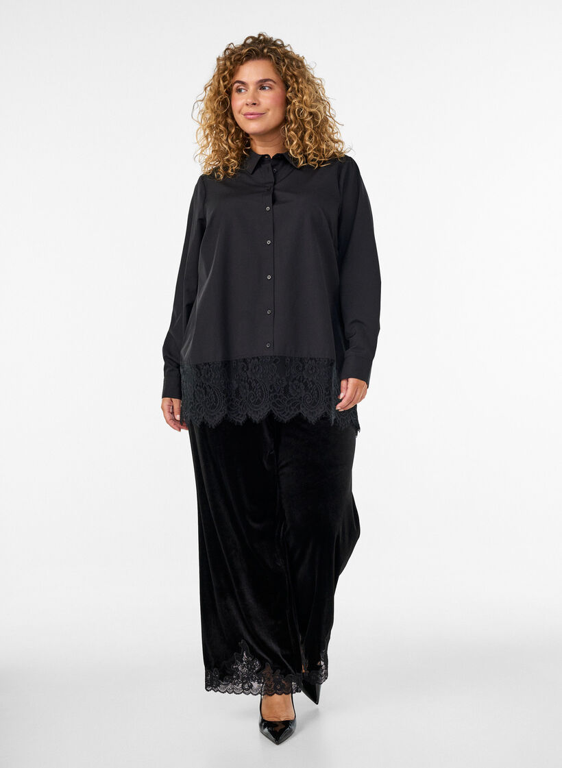 Loose skjorte med bred blondekant, Svart, Model image number 1