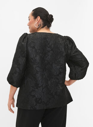 Jacquard-bluse med 3/4-ermer, Black, Model image number 1