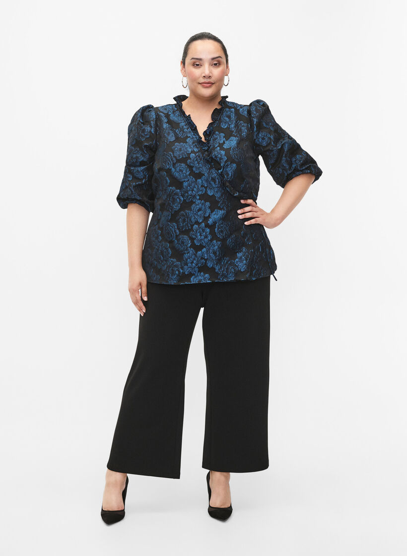Jacquard-omslagsbluse og 3/4-ermer, Black Blue, Model image number 2