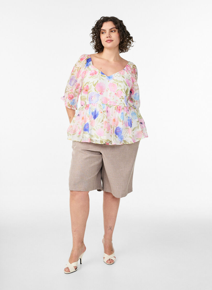 Bluse i lyocell med blomstertrykk og sweetheart-utringning, Hvit, Model image number 1