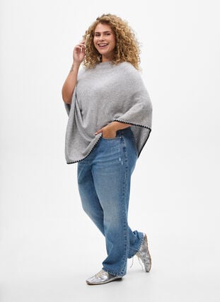 Zizzi Finstrikket poncho, Light Grey Melange, Model image number 2