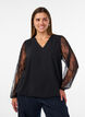 Bluse med ballongermer i blonder, Svart, Model image number 0