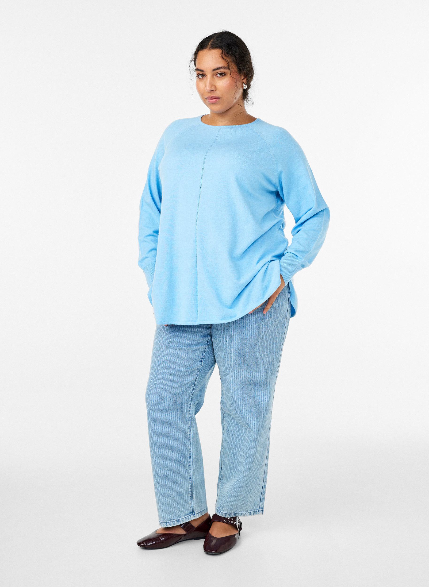 ZizziStrikkebluse med rund hals og strikket m&oslash;nster, Bl&aring;, Model image number 1