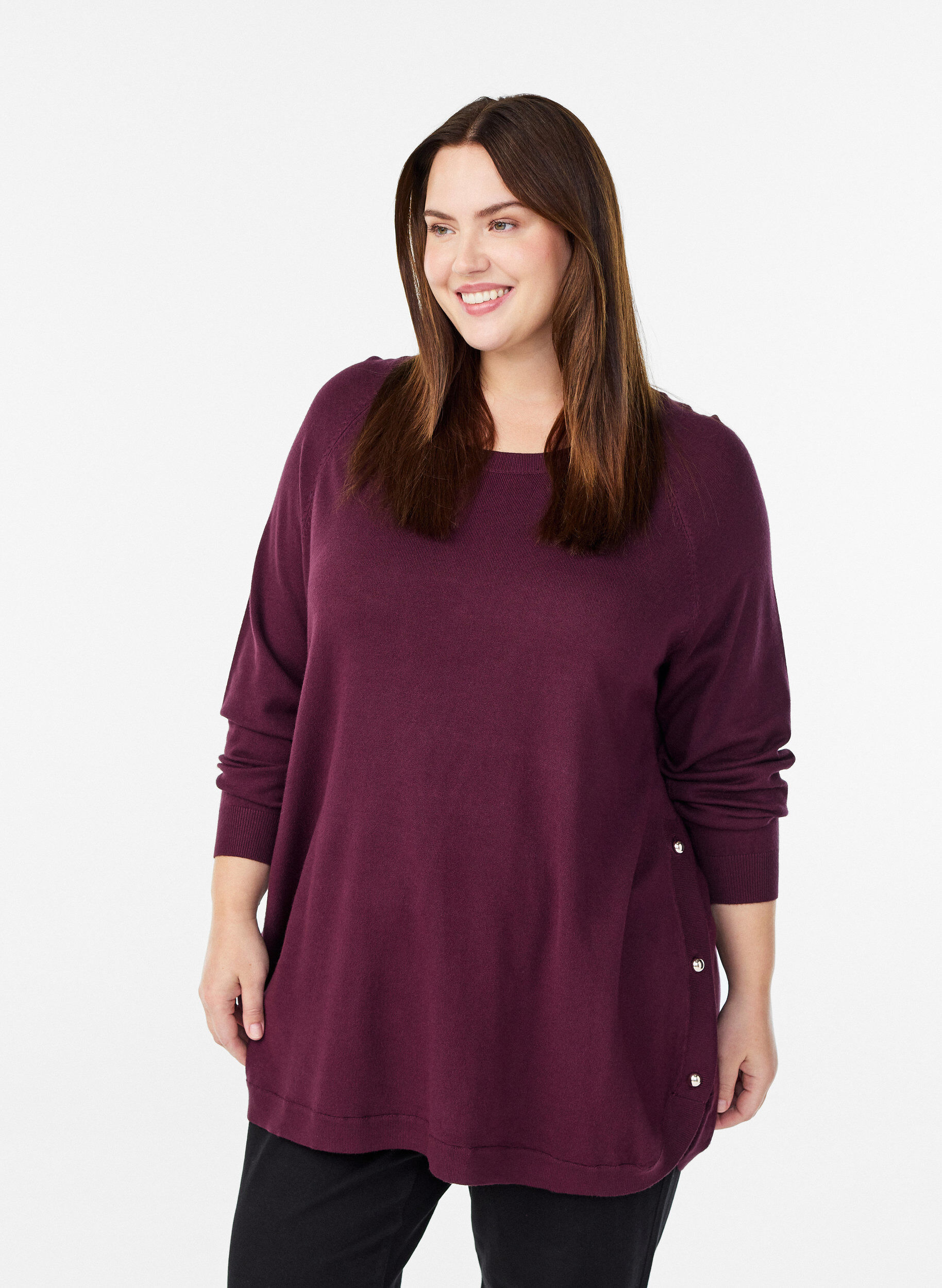 ZizziStrikkebluse med knapper i sidene, R&oslash;d, Model image number 0