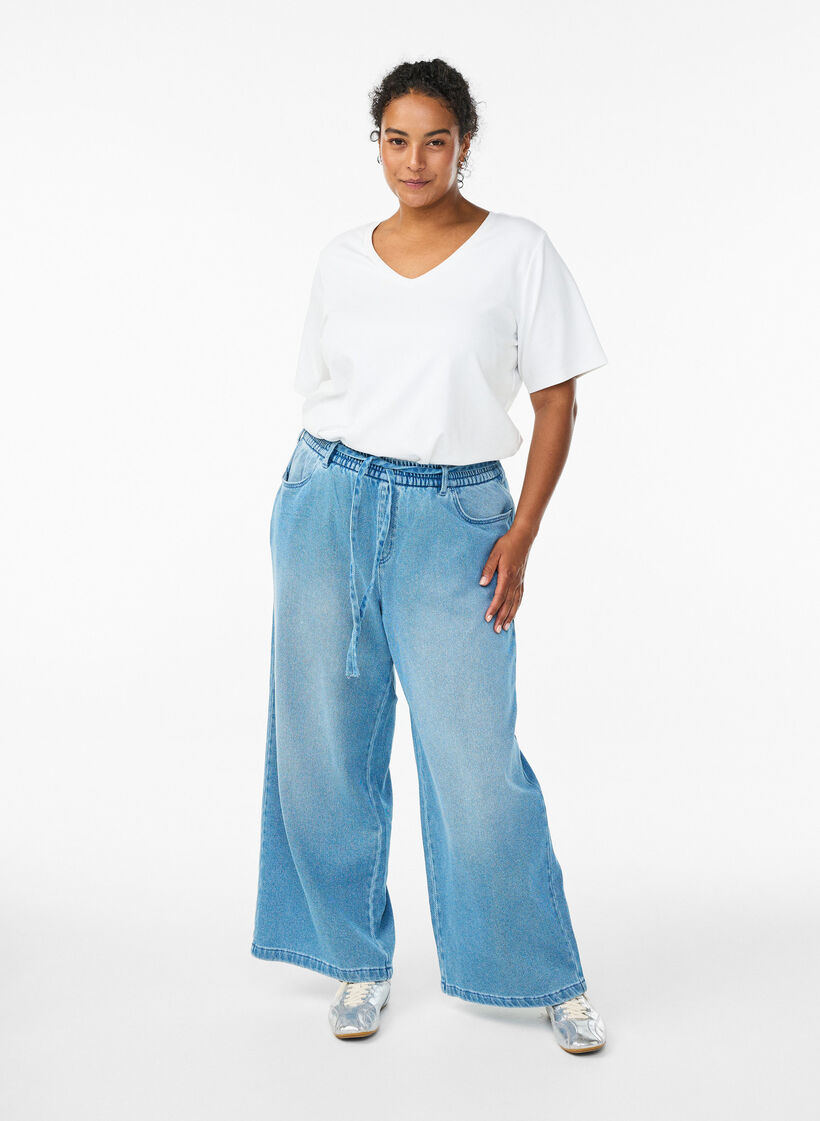 Loose fit-jeans med elastisk linning og sn&oslash;ring, Bl&aring;, Model image number 0