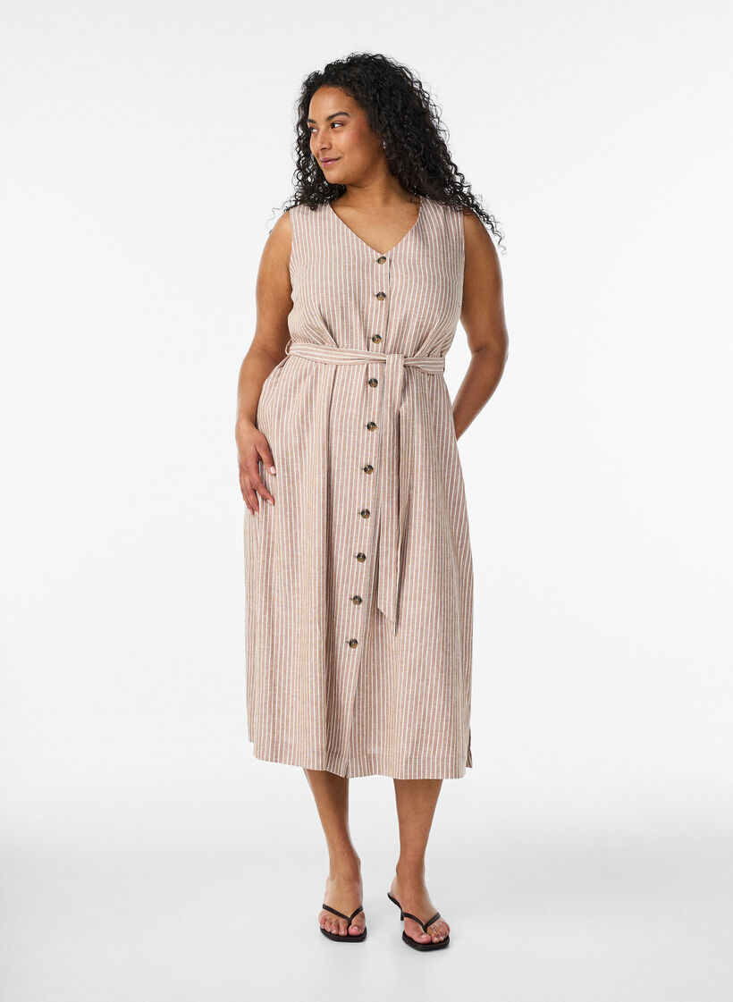 Ermel&oslash;s stripet midikjole i lin og viskose, Beige, Model image number 0