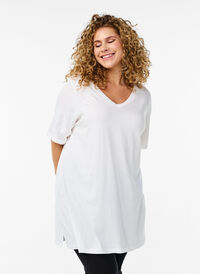 Ensfarget oversized T-skjorte med V-hals, Hvit Ensfarget oversized T-skjorte med V-hals, Hvit, Model
