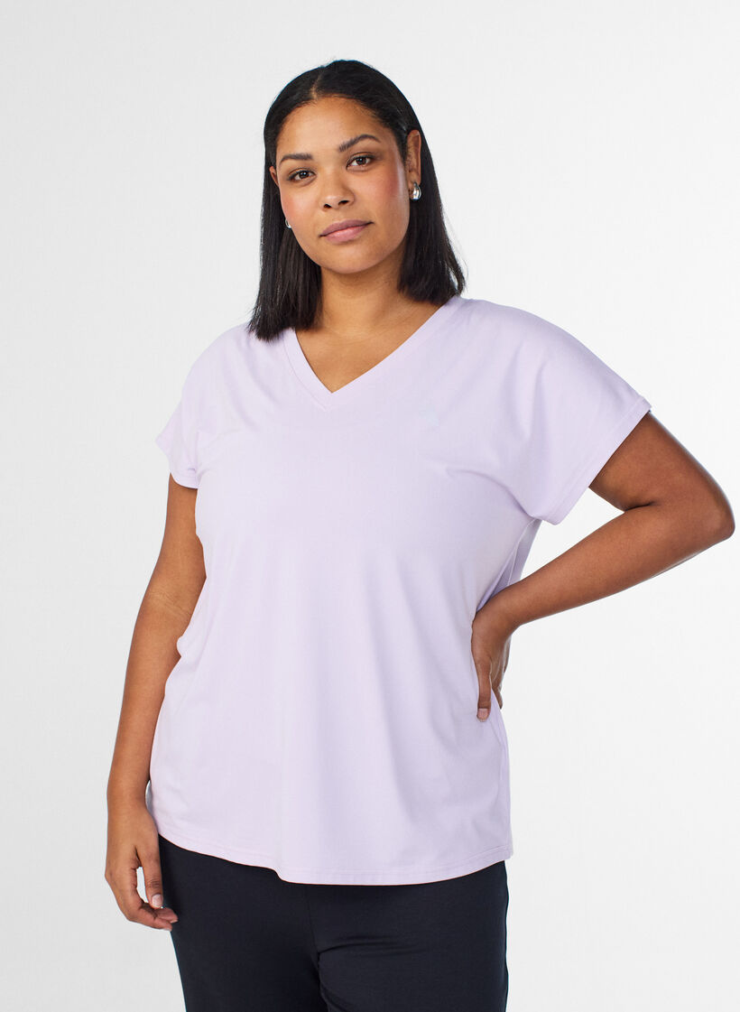 L&oslash;stsittende trenings-t-skjorte med v-hals, Lilla, Model image number 0