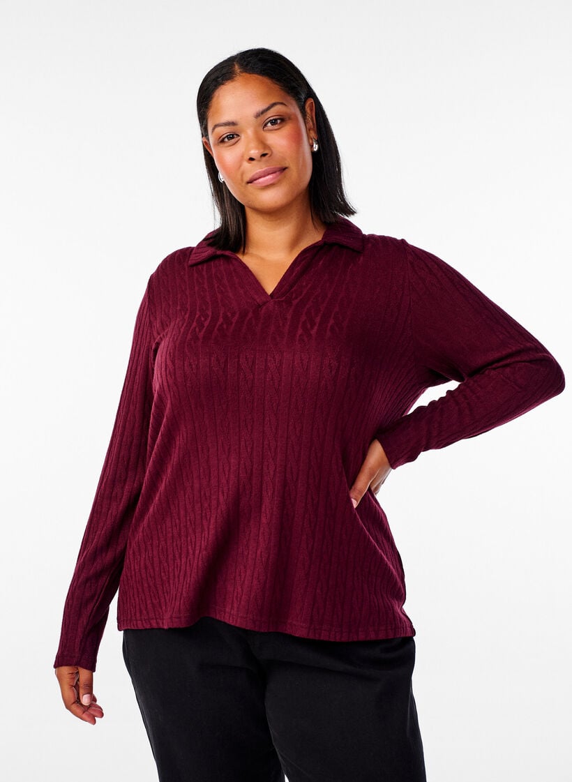 Strikkebluse med krage og flettemønster, Mørk Bordeaux, Model image number 0