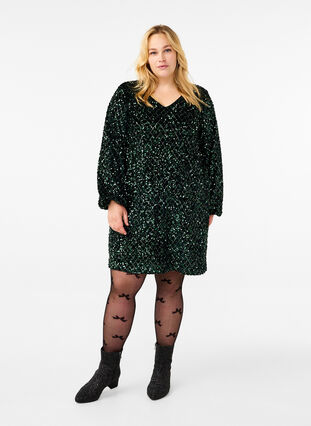 Zizzi Paillettkjole med V-hals og rutemønster, Rain Forest Sequins, Model image number 0