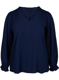 Langermet bluse med smock- og volangdetaljer, Navy Blazer