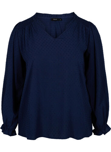 Langermet bluse med smock- og volangdetaljer, Navy Blazer, Packshot image number 0