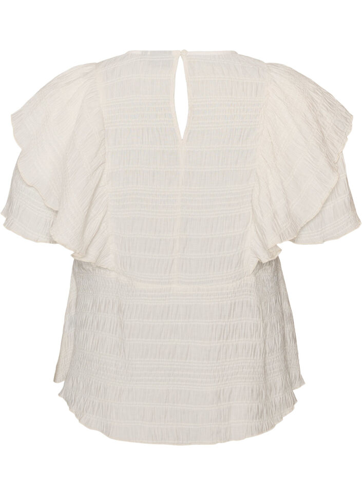 Bluse med smockstruktur og volangermer, Vanilje, Packshot image number 1