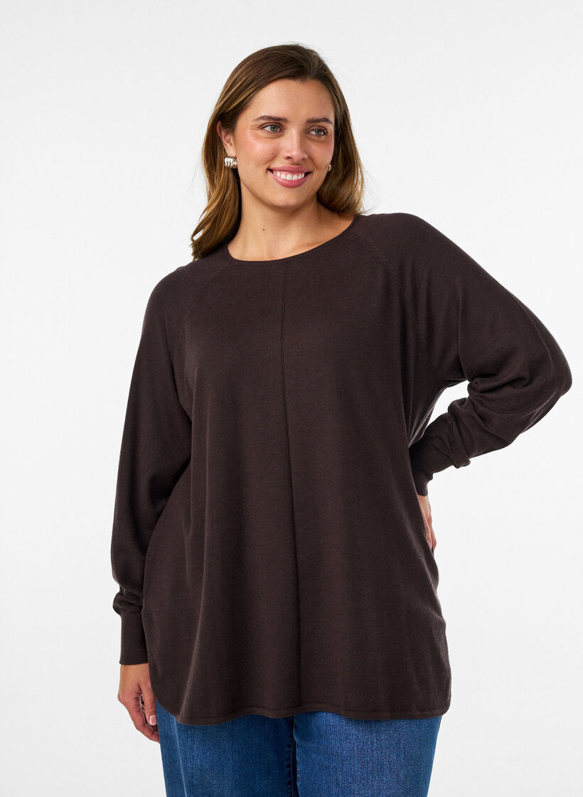 Strikket bluse med rund hals og strikket m&oslash;nster, Brun, Model image number 0