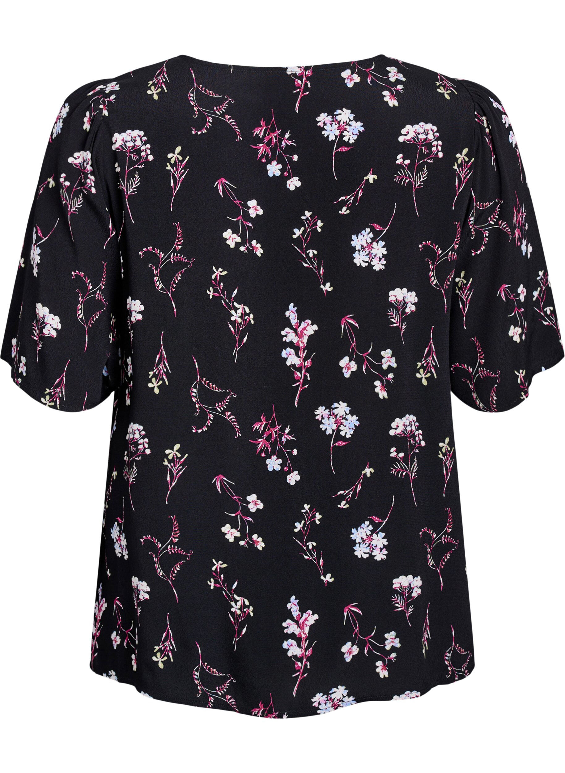 Zizzi Blomstret bluse med korte ermer, Svart, Packshot image number 1