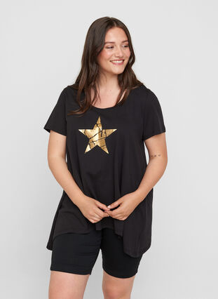 Kortermet T-skjorte i bomull med A-form, Black STAR, Model image number 0