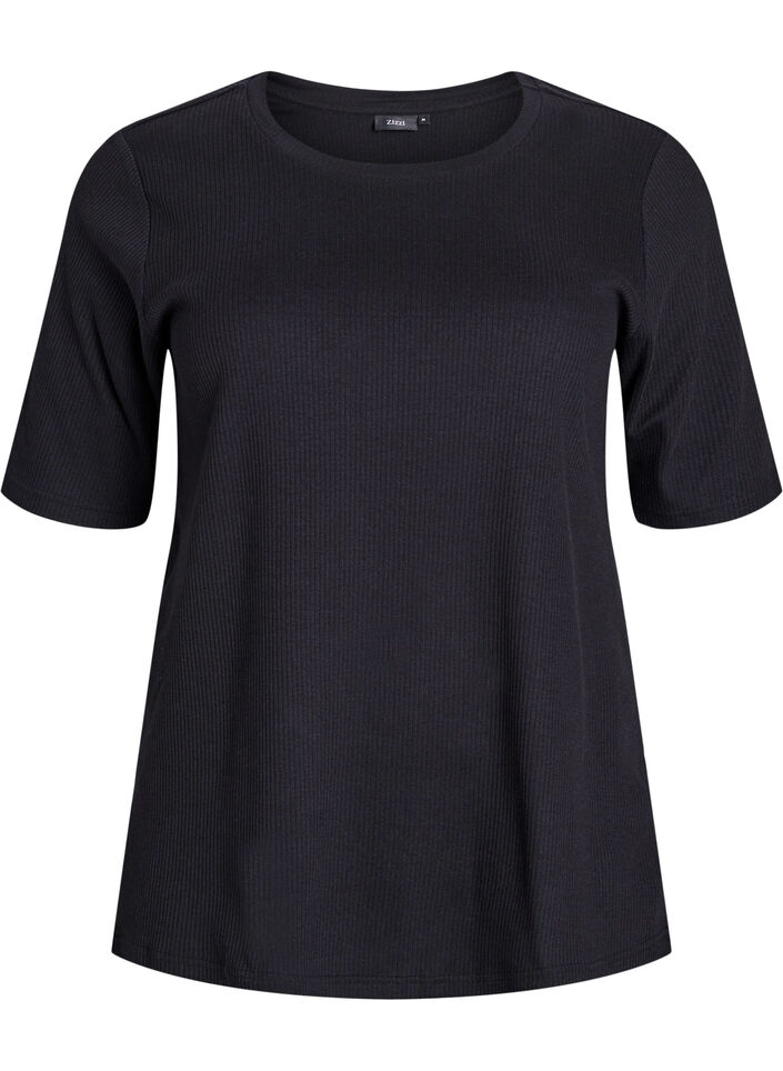 Ribbestrikket jerseybluse med korte ermer, Svart, Packshot image number 0