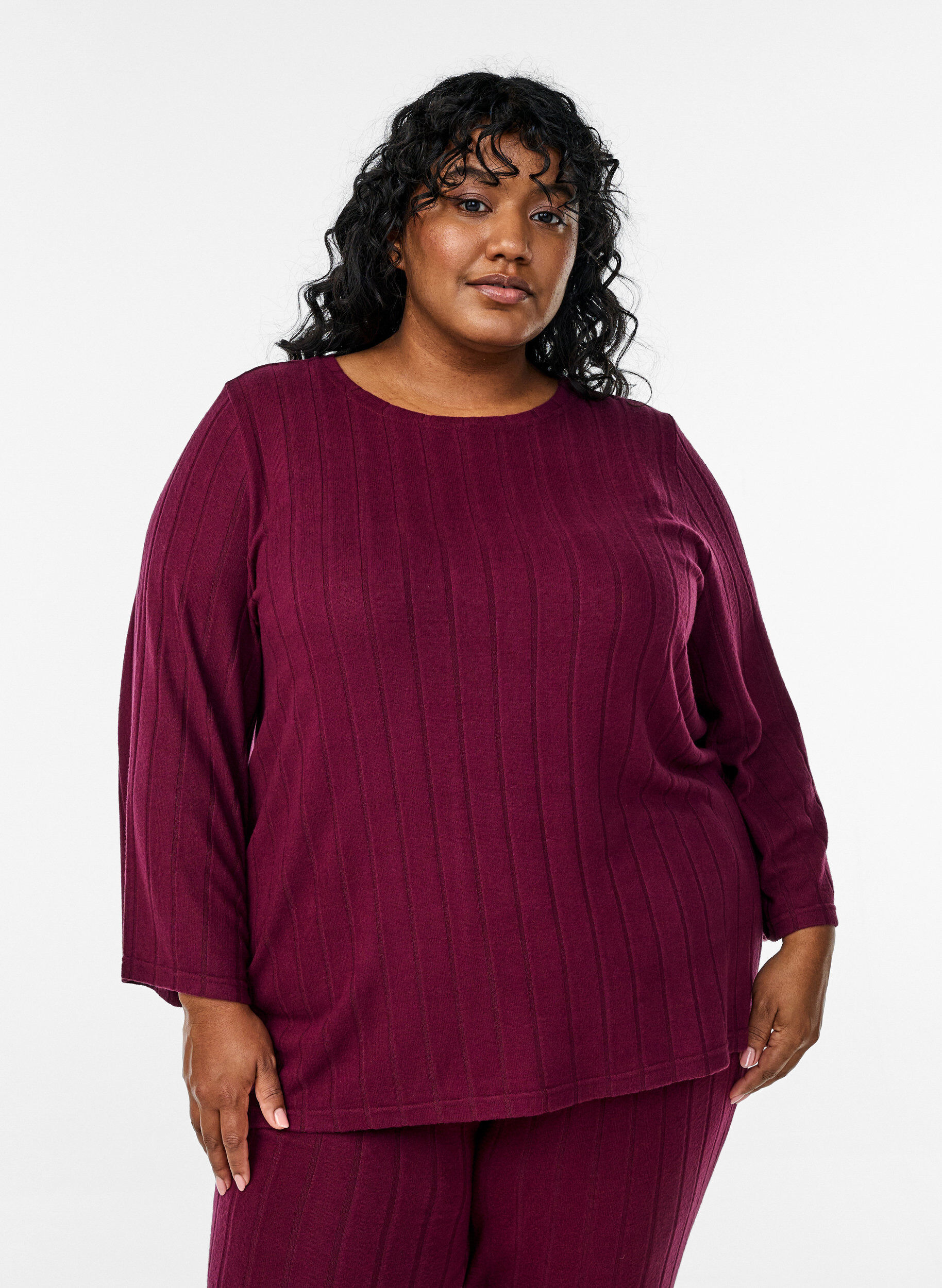 L&oslash;s bluse med 3/4-ermer, M&oslash;rk Bordeaux, Model