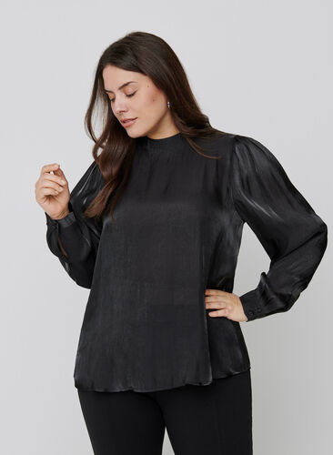 Langermet bluse med shine, Black, Model image number 0