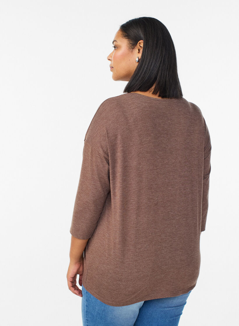 Jersey bluse med 3/4 ermer, Brun, Model image number 2