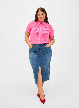 Kortermet skjortebluse med volanger, Pink Power, Model image number 2