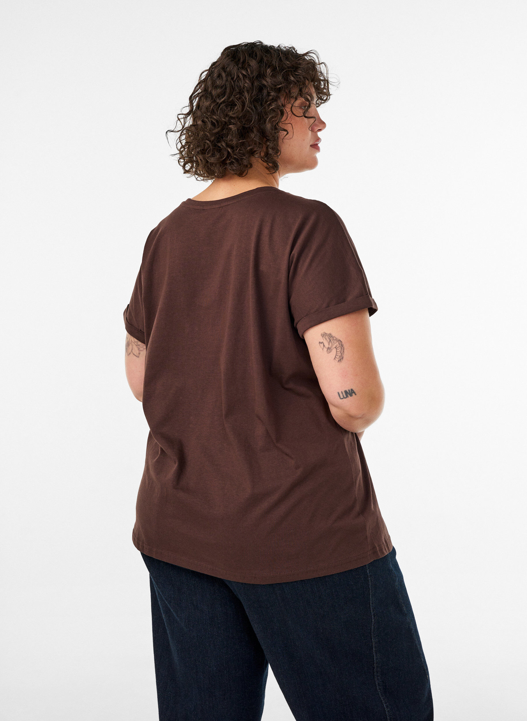 ZizziBomulls T-skjorte med blomstertrykk, Brun, Model image number 2
