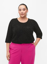 Mønstret bluse med 3/4-ermer og glitter, Black, Model