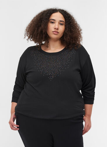Langermet bluse med glitter, Black, Model image number 0